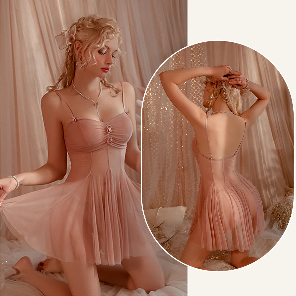 Fairy Babydoll Set Sheer Mesh Ruched Bridal Cami Lingerie Dress