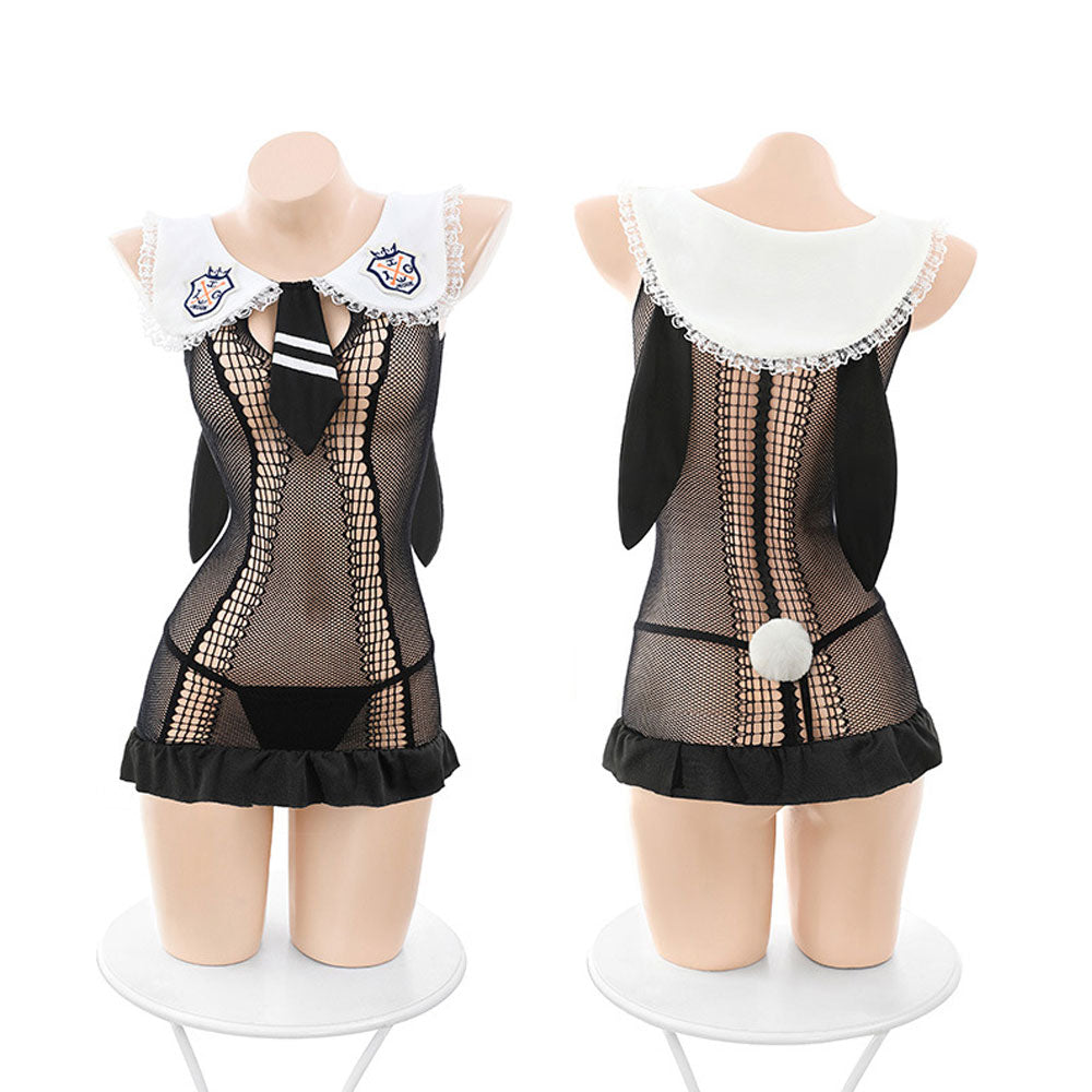 Fishnet Chemise Sheer Mesh Bunny Girl Babydoll Dress Black Lace Cosplay Lingerie Set