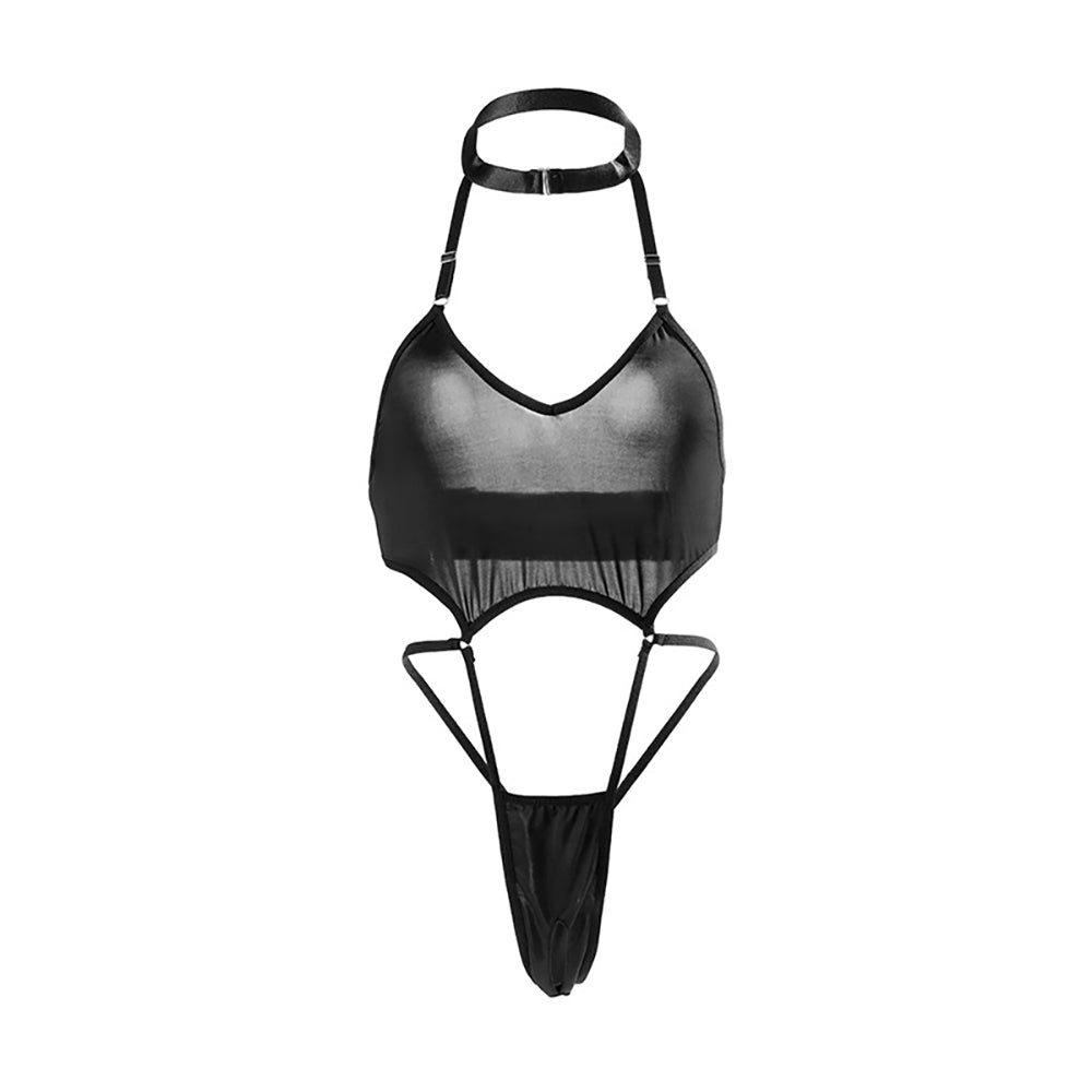 Halter Bodysuit Black Cut-Out Strappy Crotchless Teddy Lingerie