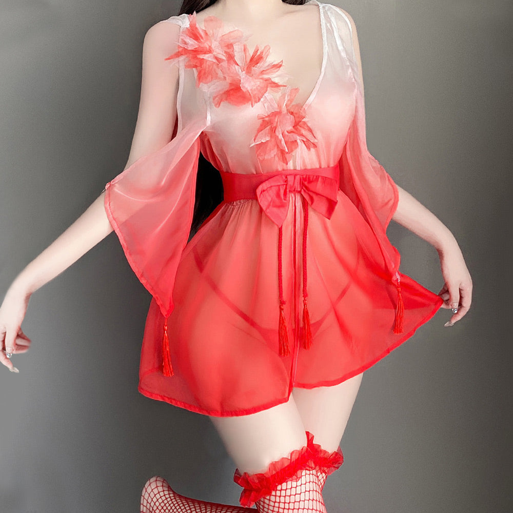 Kimono Lingerie Dress Japanese Anime Robes 3D Floal Sheer Mesh Cosplay Outfit