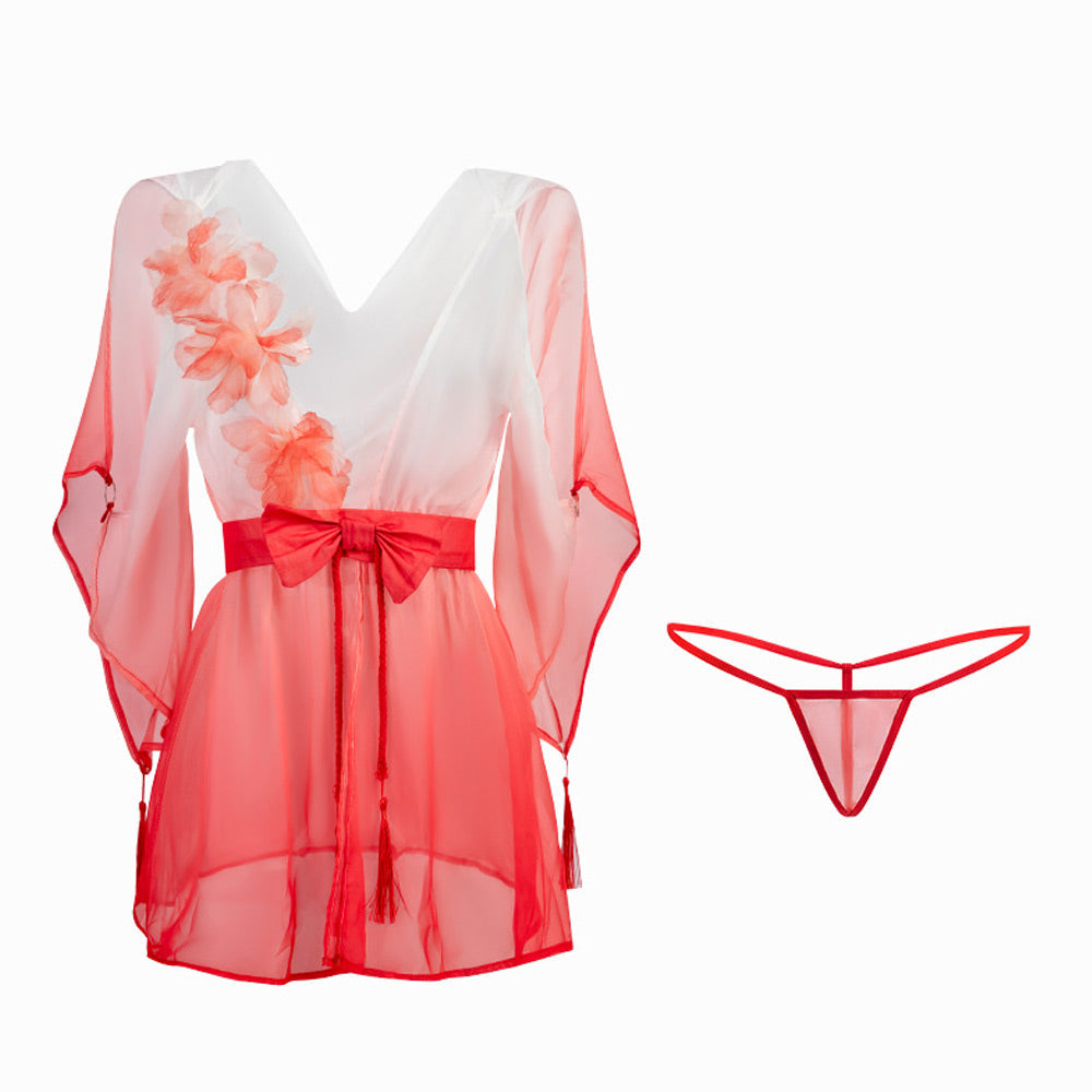 Kimono Lingerie Dress Japanese Anime Robes 3D Floal Sheer Mesh Cosplay Outfit
