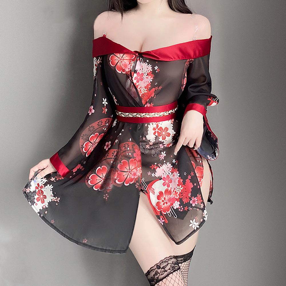 Kimono Lingerie Anime Japanese Geisha Costume Sheer Floral Cosplay Lingerie Dress