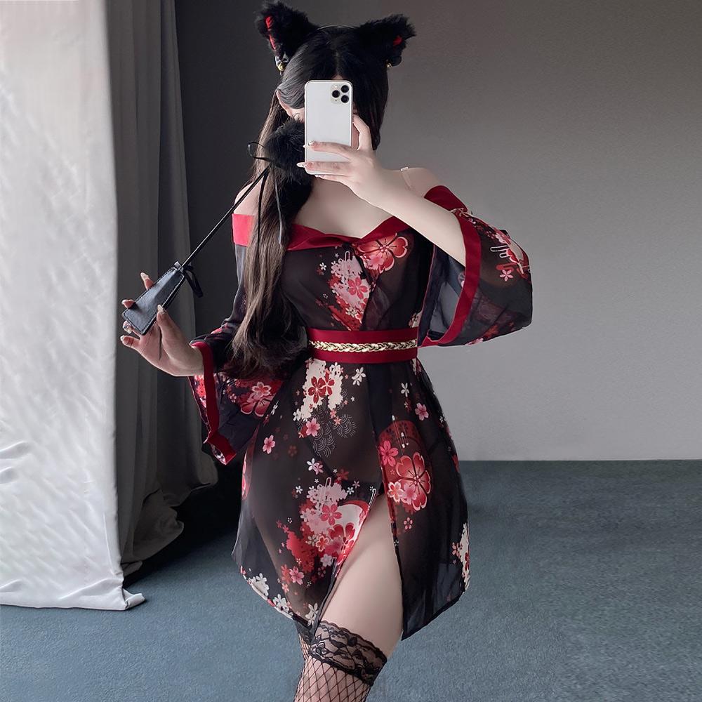 Kimono Lingerie Anime Japanese Geisha Costume Sheer Floral Cosplay Lingerie Dress