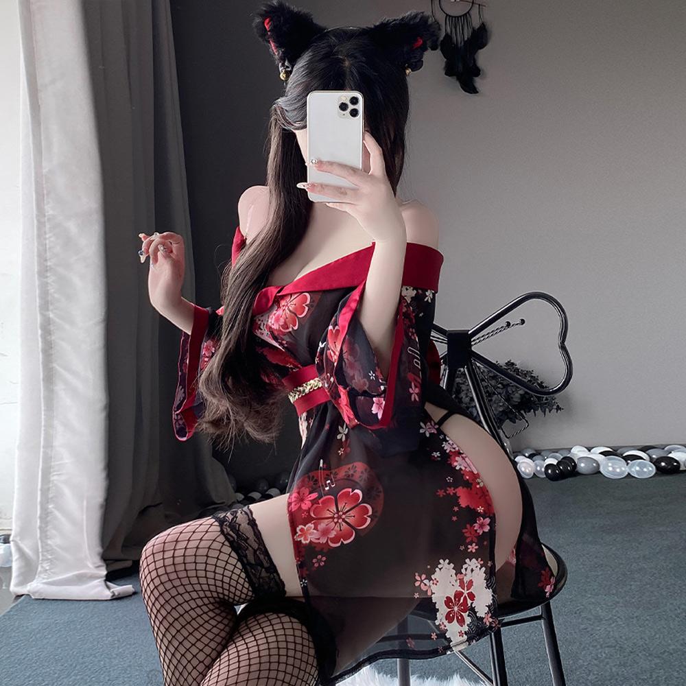 Kimono Lingerie Anime Japanese Geisha Costume Sheer Floral Cosplay Lingerie Dress