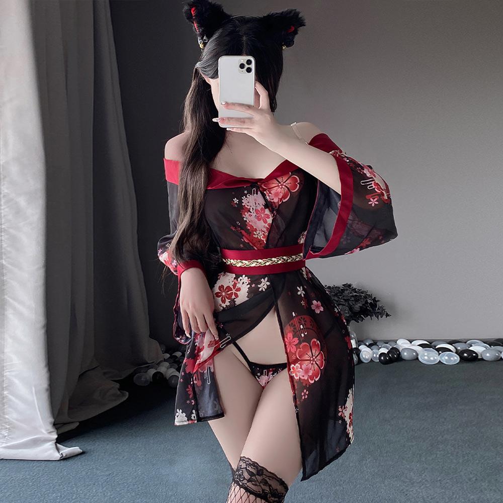 Kimono Lingerie Anime Japanese Geisha Costume Sheer Floral Cosplay Lingerie Dress