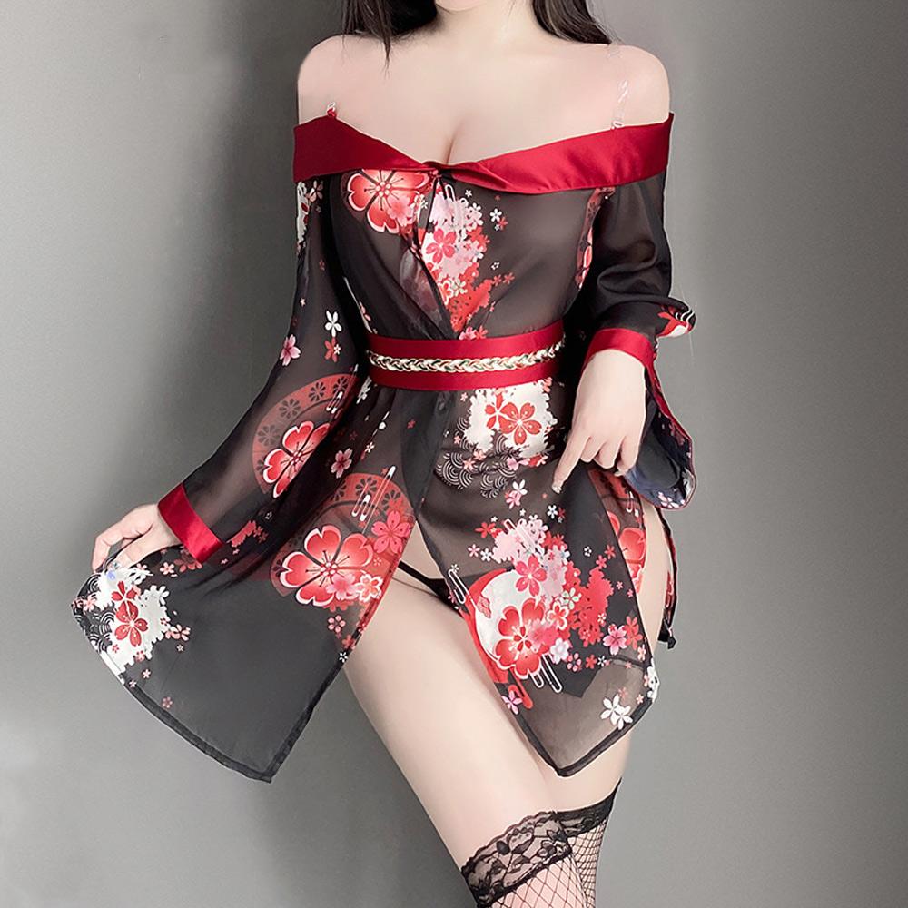 Kimono Lingerie Anime Japanese Geisha Costume Sheer Floral Cosplay Lingerie Dress