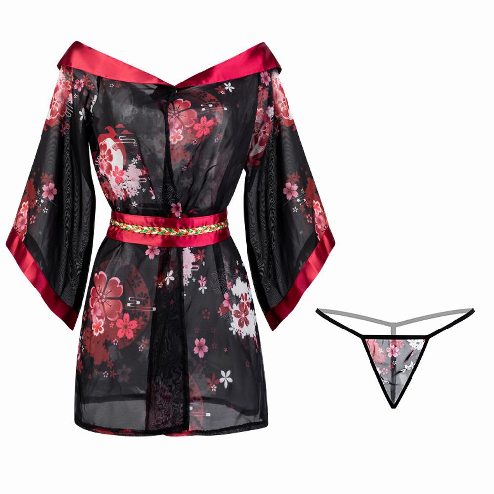 Kimono Lingerie Anime Japanese Geisha Costume Sheer Floral Cosplay Lingerie Dress
