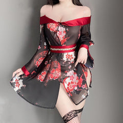 Kimono Lingerie Anime Japanese Geisha Costume Sheer Floral Cosplay Lingerie Dress