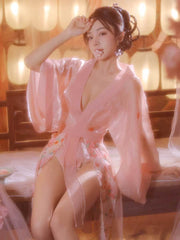 Sheer Mesh Kimono Robe W/ Draping Skirt