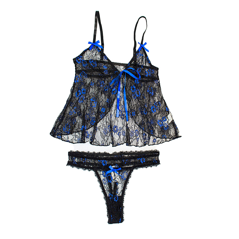 Lace Babydoll Set Sheer Lace Open Front 2 Piece Lingerie Dress and Panty