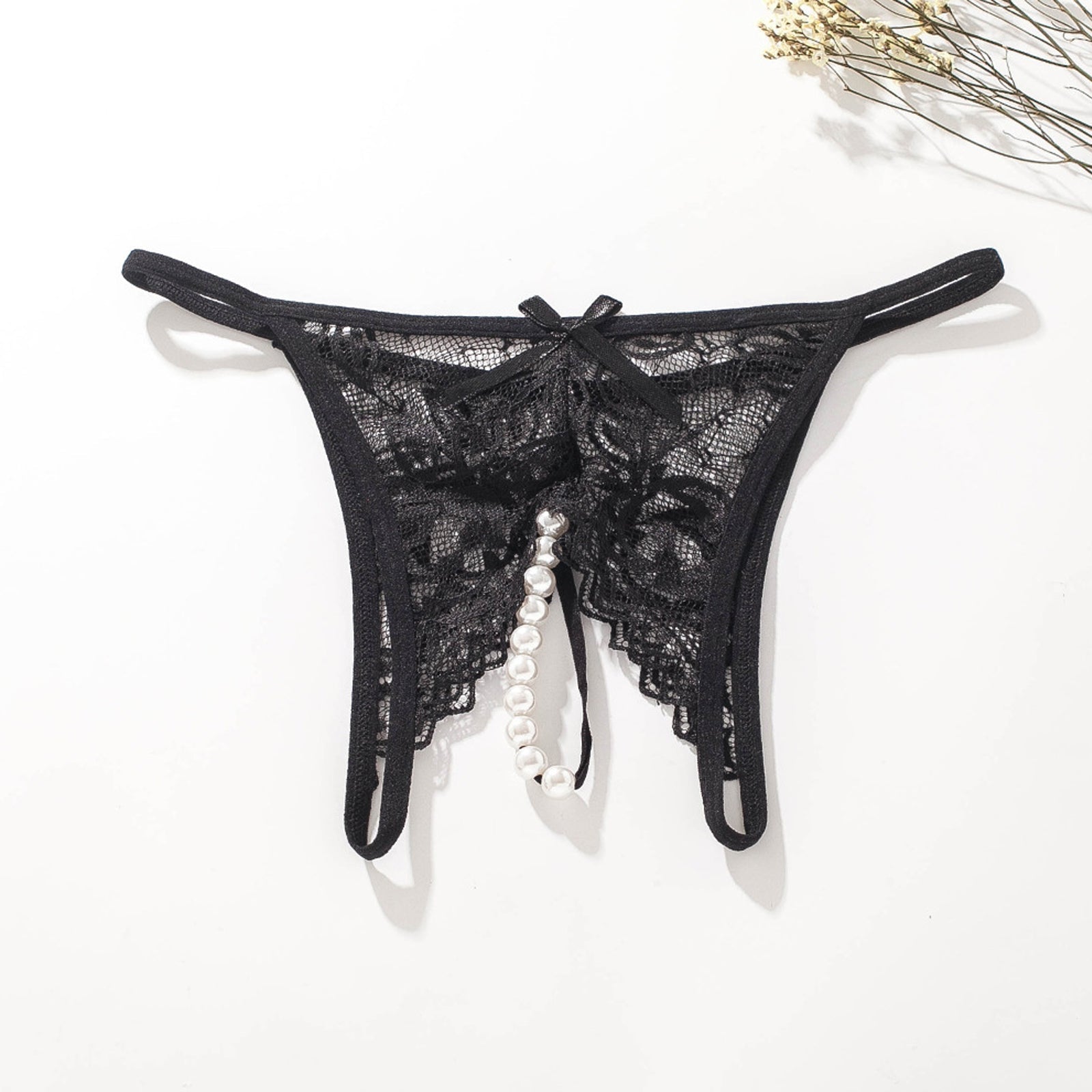 Lace G-String Thong with Pearls Ball Crotchless Briefs Panty