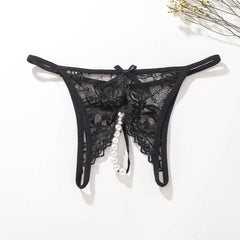 Lace G-String Thong with Pearls Ball Crotchless Briefs Panty