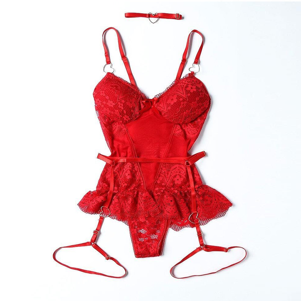 Lace Bustier Lingerie One Piece Lace Up Teddy Molded Cup Bodysuit with Garter Belt