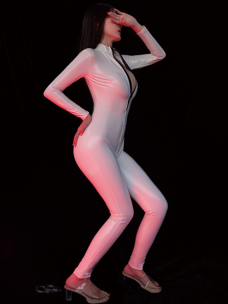 White Zipper Up Latex Catsuit