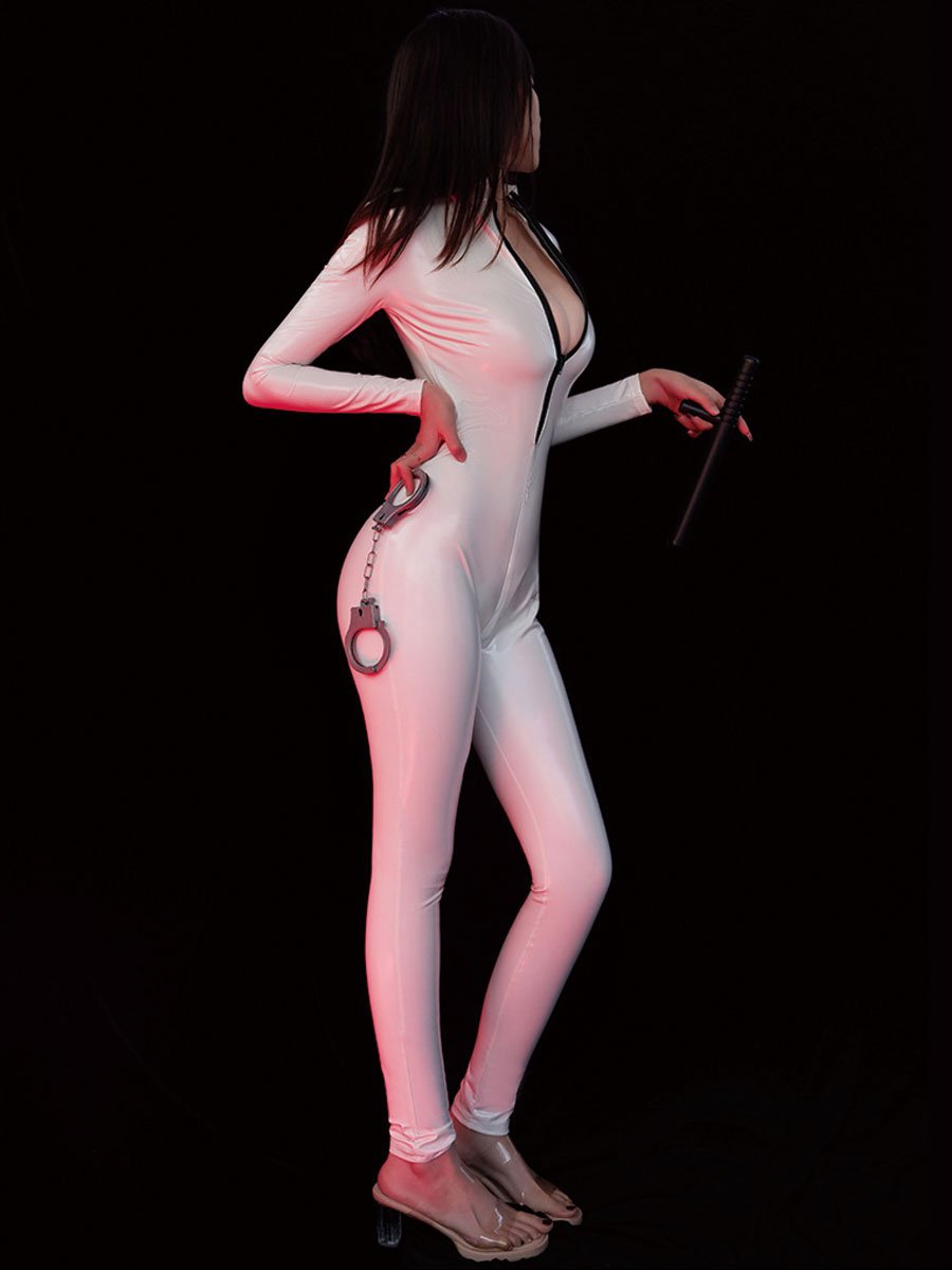 White Zipper Up Latex Catsuit