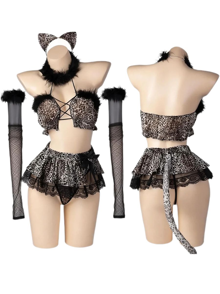 Leopard Print Cat Cosplay Lingerie Set