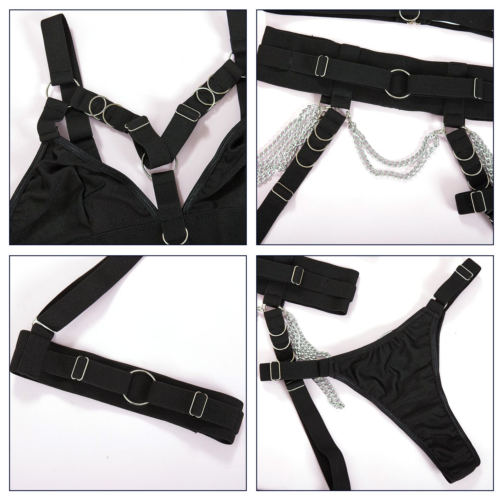 Lingerie Set Three Piece Strappy Negligee Sets Punk Chain Garter Bra and Panty