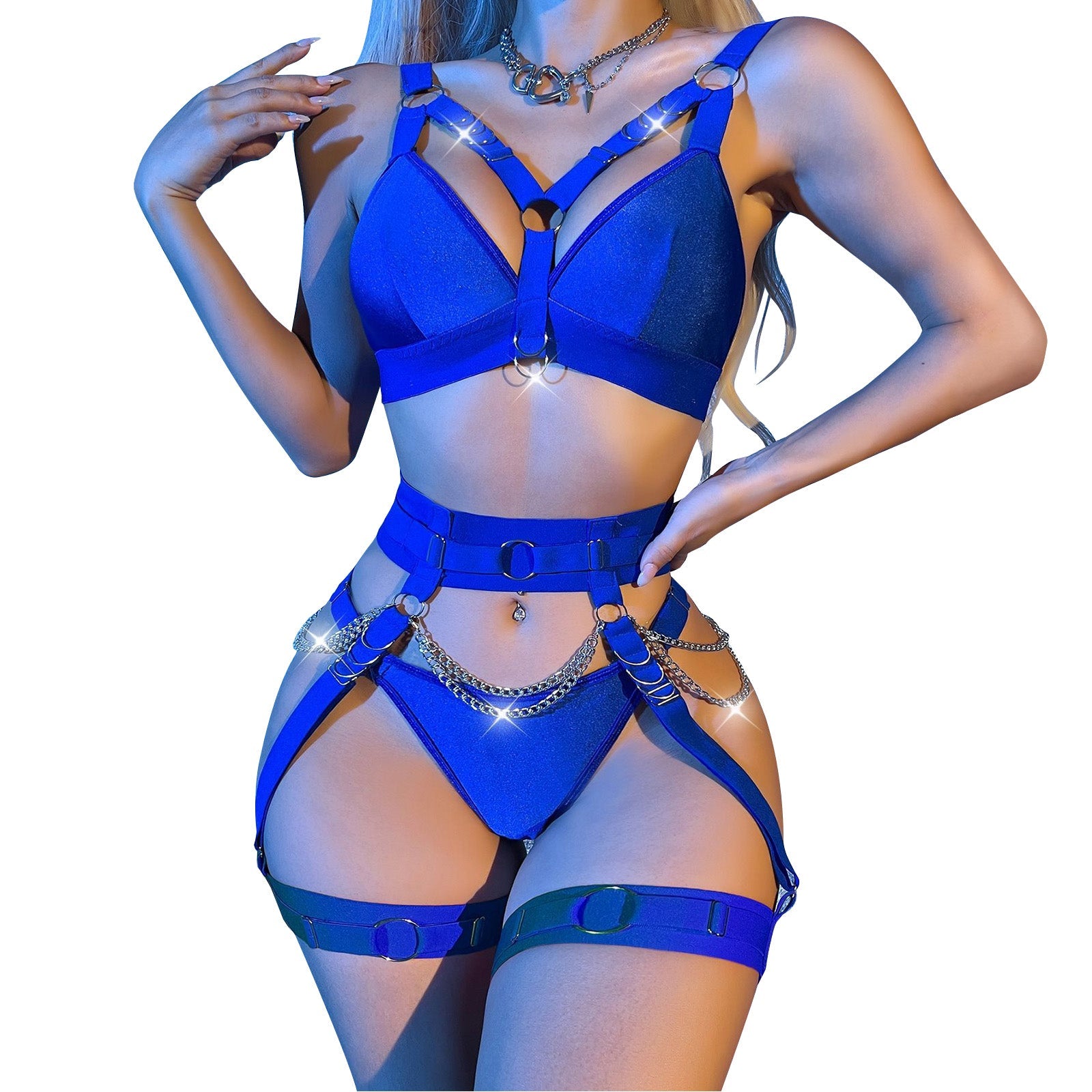 Lingerie Set Three Piece Strappy Negligee Sets Punk Chain Garter Bra and Panty
