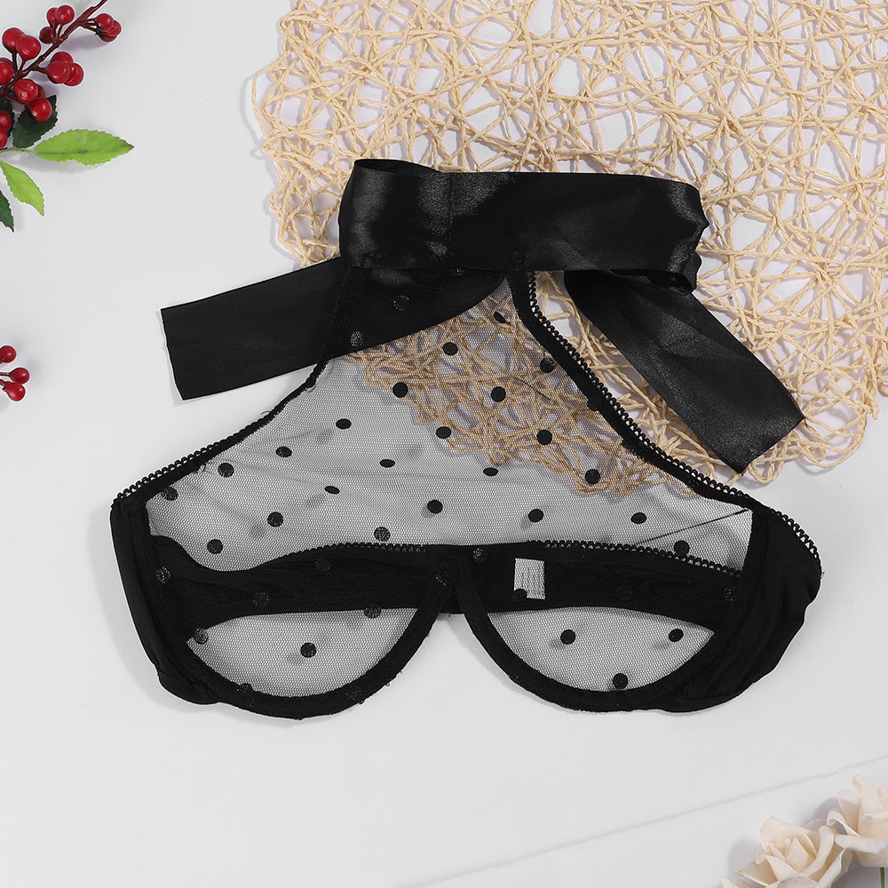 Mesh Crop Top See Through Lace Polka Dot Bra Set with Satin Ribbon
