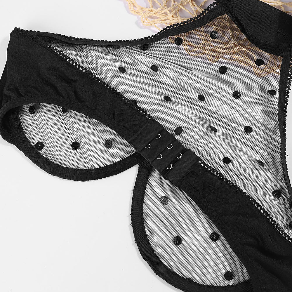 Mesh Crop Top See Through Lace Polka Dot Bra Set with Satin Ribbon