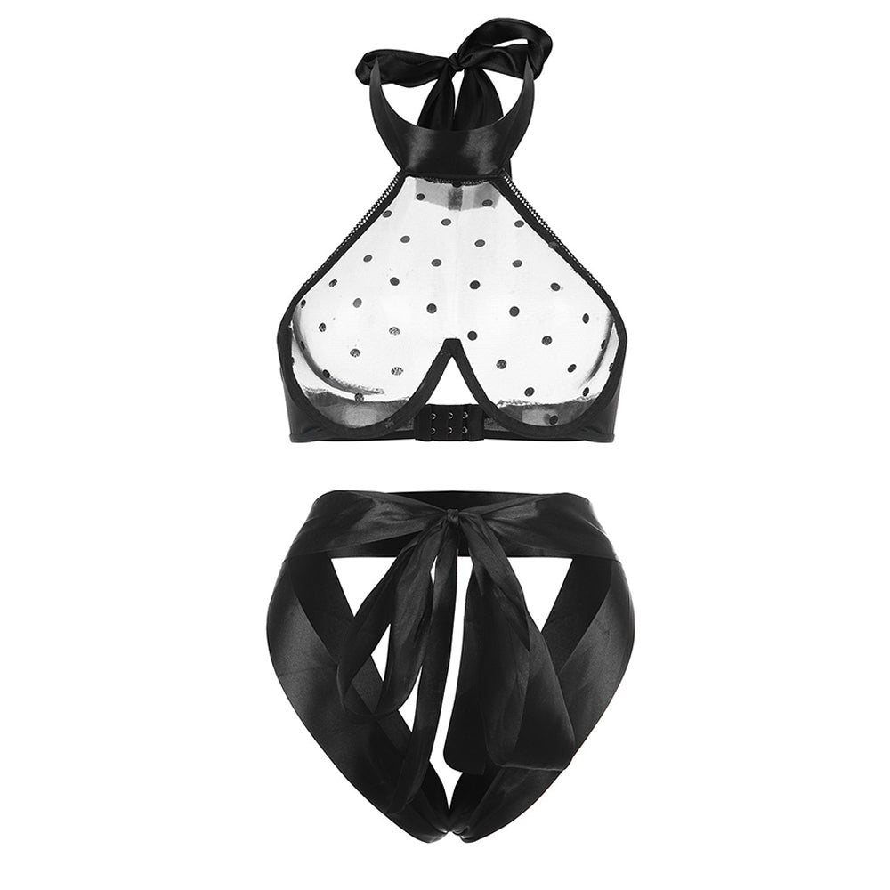 Mesh Crop Top See Through Lace Polka Dot Bra Set with Satin Ribbon