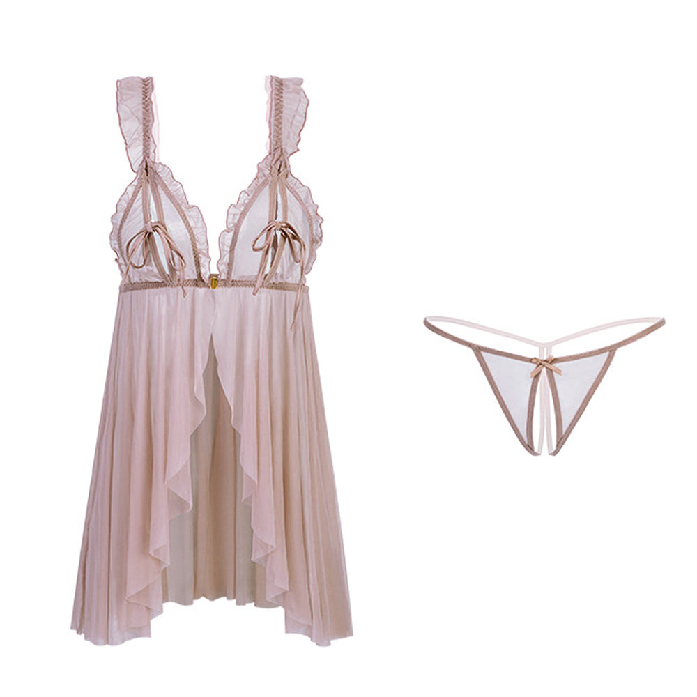 Mesh Peek-A-Boo Babydoll Dress Bowknot Cups Split Cami Lingerie Nightgown