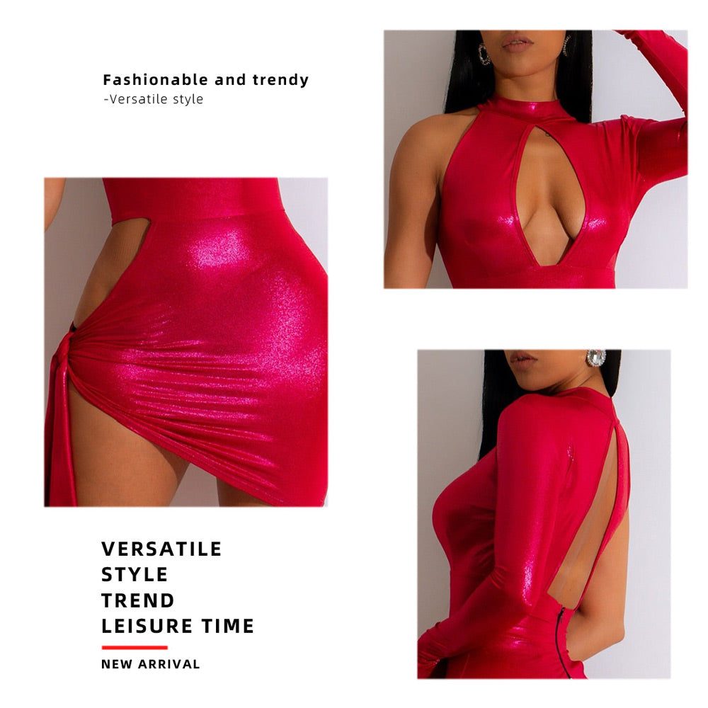 Metallic Mini Dress Asymmetrical Cut Out Backless Bodycon Dress Party Nightclub Outfits