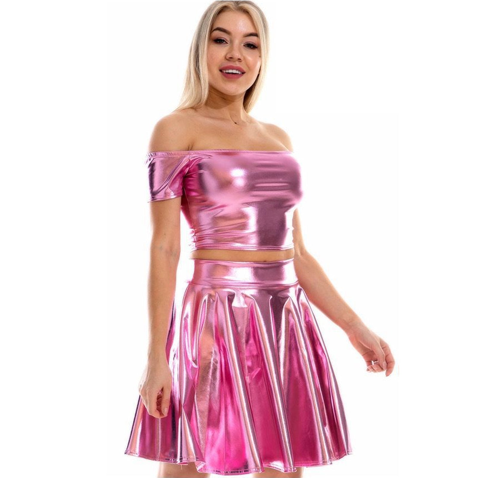 Metallic Skirt Set Girly Holographic Rave Outfits Two Piece Off Shoulder Crop Top and Mini Skirt