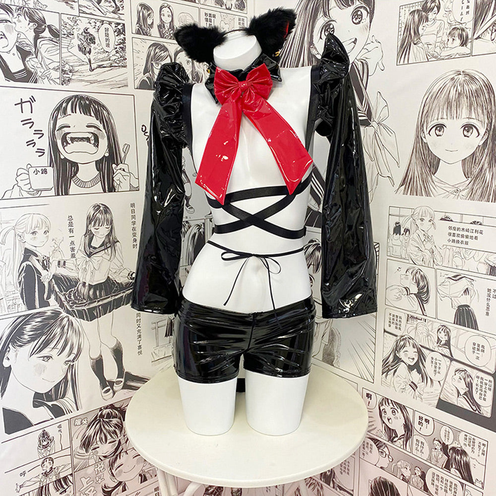 Neko Cat Costume Anime Cat Girl Cosplay Lingerie Black Latex Skirt Set Animal Costumes