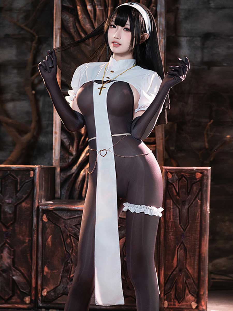 Nun Open Crotch Bodystocking Set