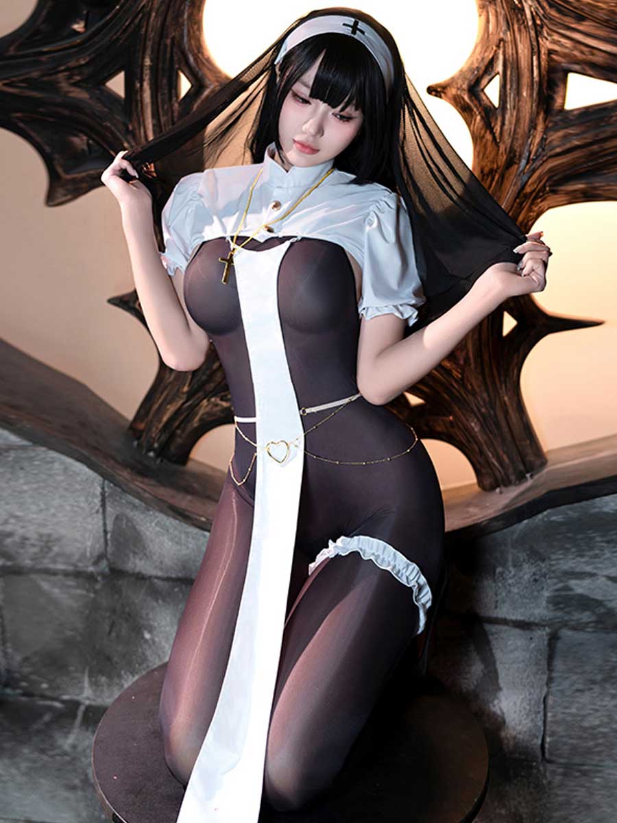 Nun Open Crotch Bodystocking Set