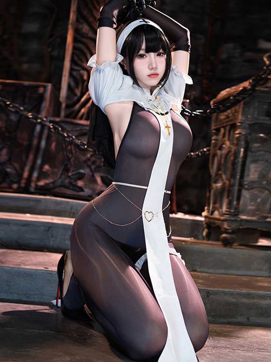 Nun Open Crotch Bodystocking Set