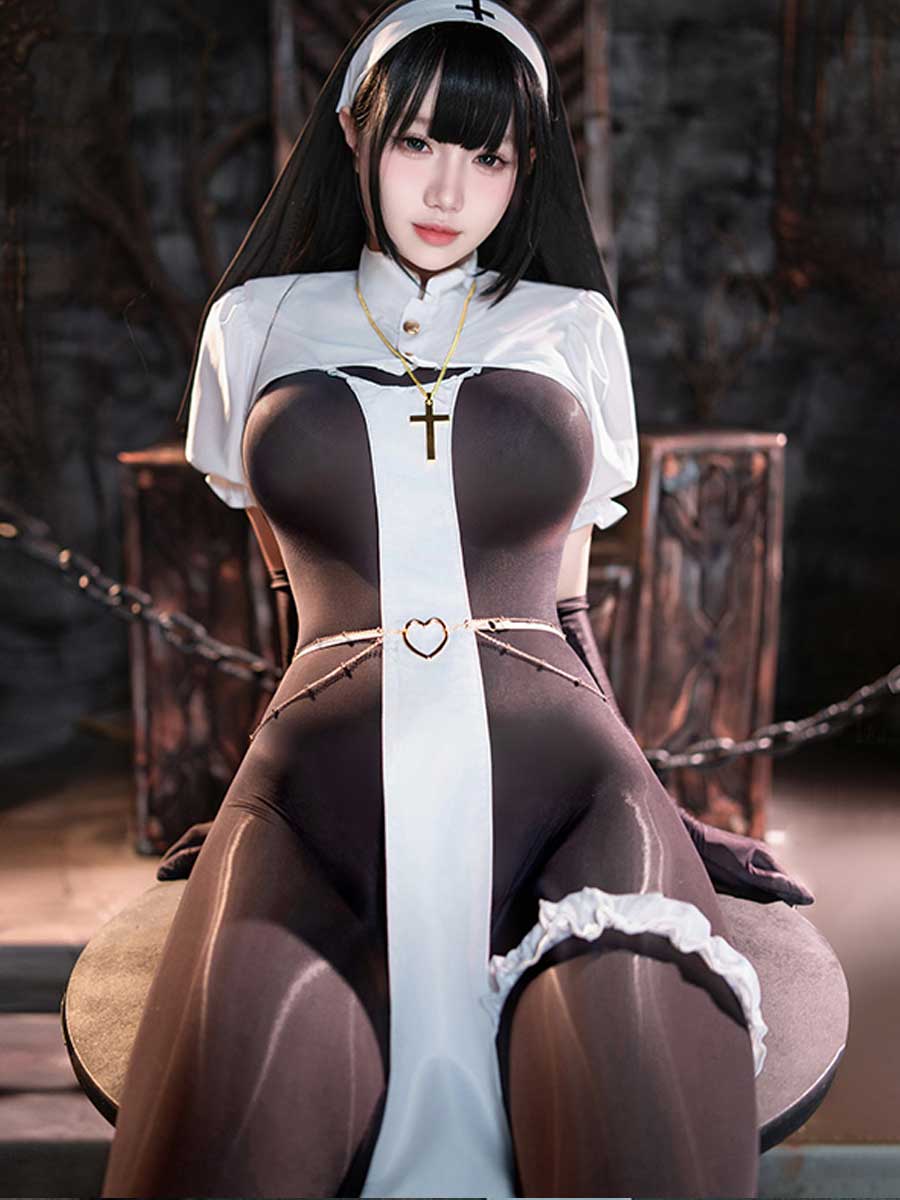 Nun Open Crotch Bodystocking Set