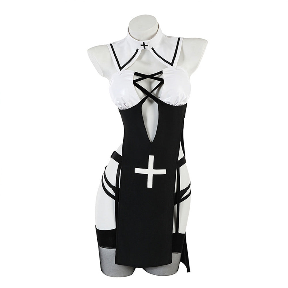 Nun Costume Nun Habit Cosplay Outfit High Slit Lingerie Dress with Habit Nun Veil