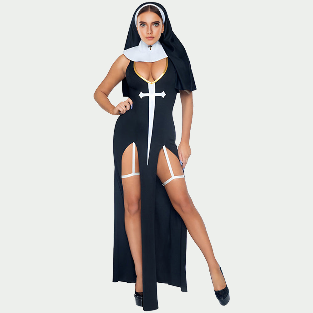Nun Costume Nun Habit Cosplay Outfits Black Scary Sinner Halloween Costumes