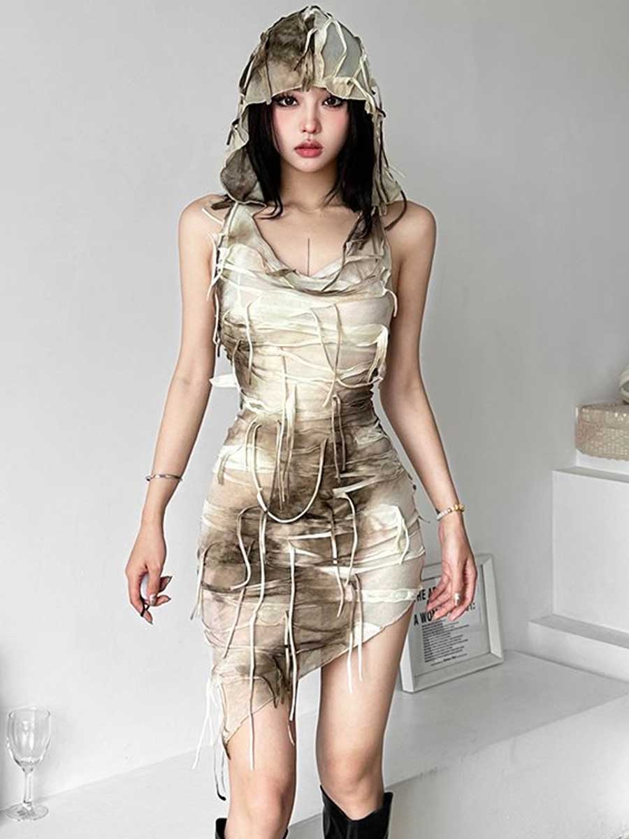 Tie Dye Fringe Hooded Mini Dress