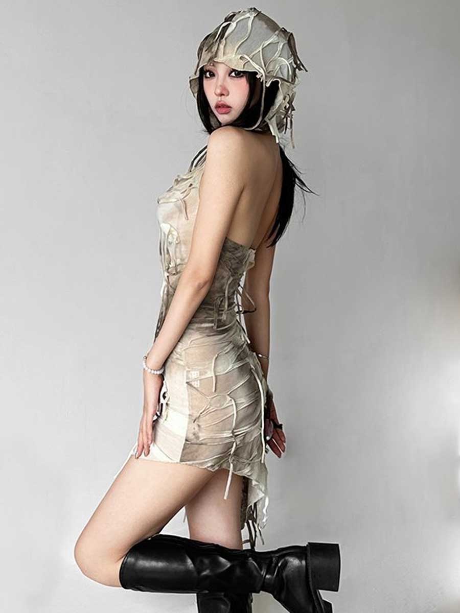 Tie Dye Fringe Hooded Mini Dress