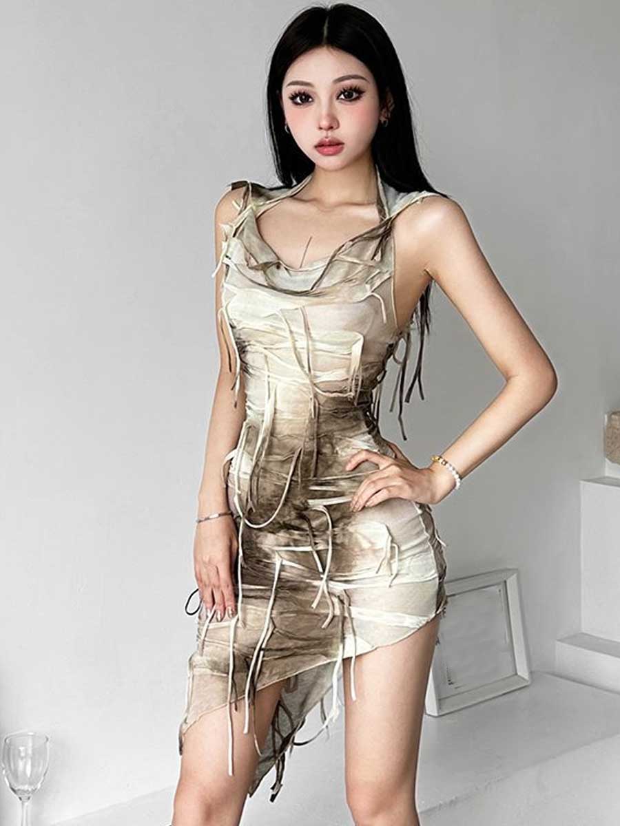 Tie Dye Fringe Hooded Mini Dress