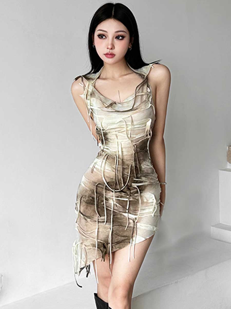 Tie Dye Fringe Hooded Mini Dress