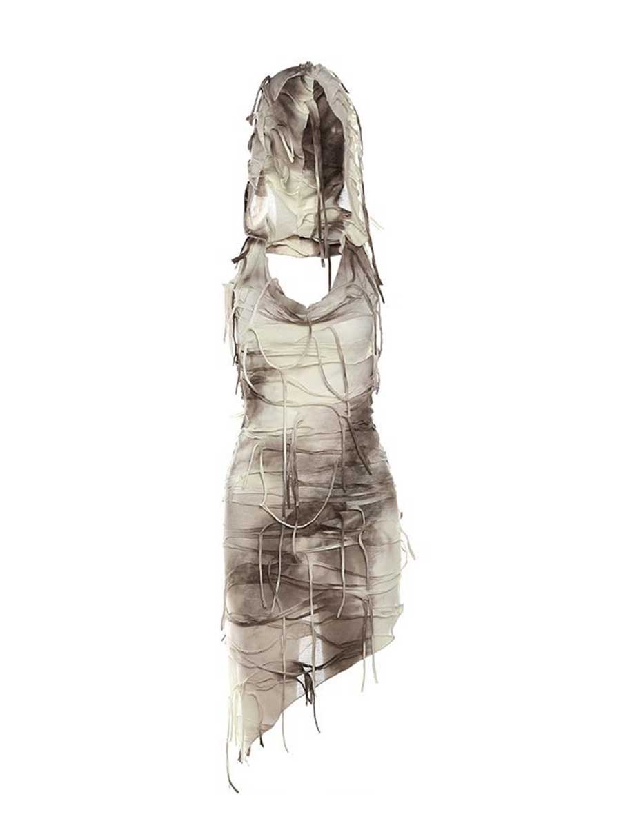 Tie Dye Fringe Hooded Mini Dress