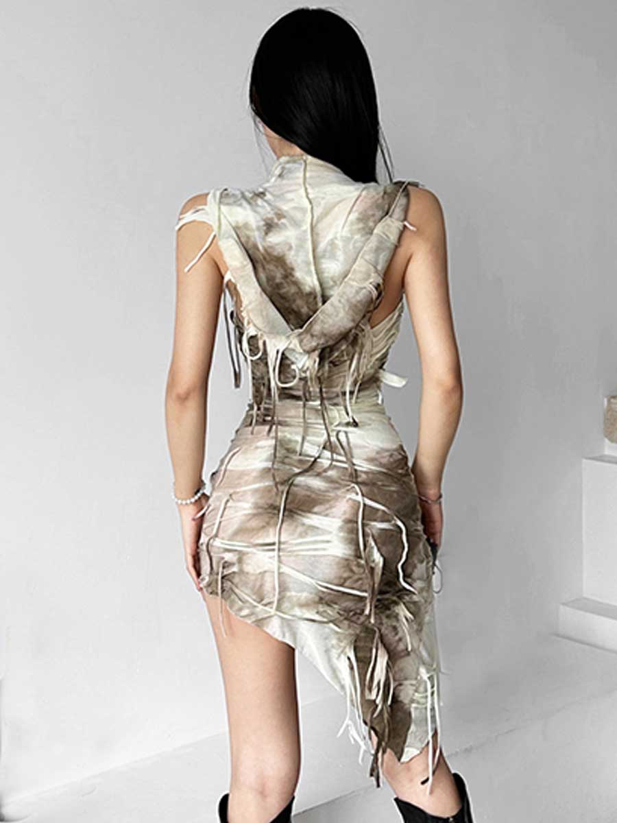 Tie Dye Fringe Hooded Mini Dress