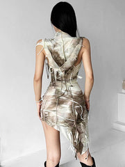 Tie Dye Fringe Hooded Mini Dress