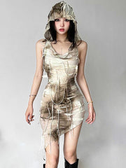 Tie Dye Fringe Hooded Mini Dress