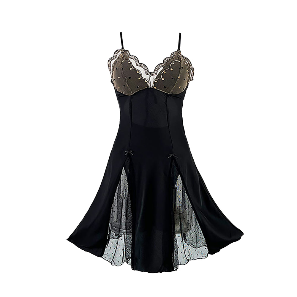 Satin Babydoll Dress Polka Dot Lace Overlay Backless Lingerie Nightgown