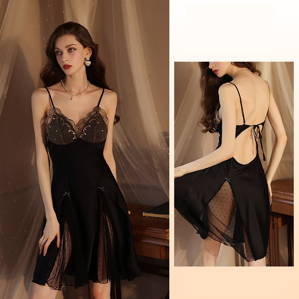 Satin Babydoll Dress Polka Dot Lace Overlay Backless Lingerie Nightgown