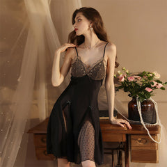 Satin Babydoll Dress Polka Dot Lace Overlay Backless Lingerie Nightgown