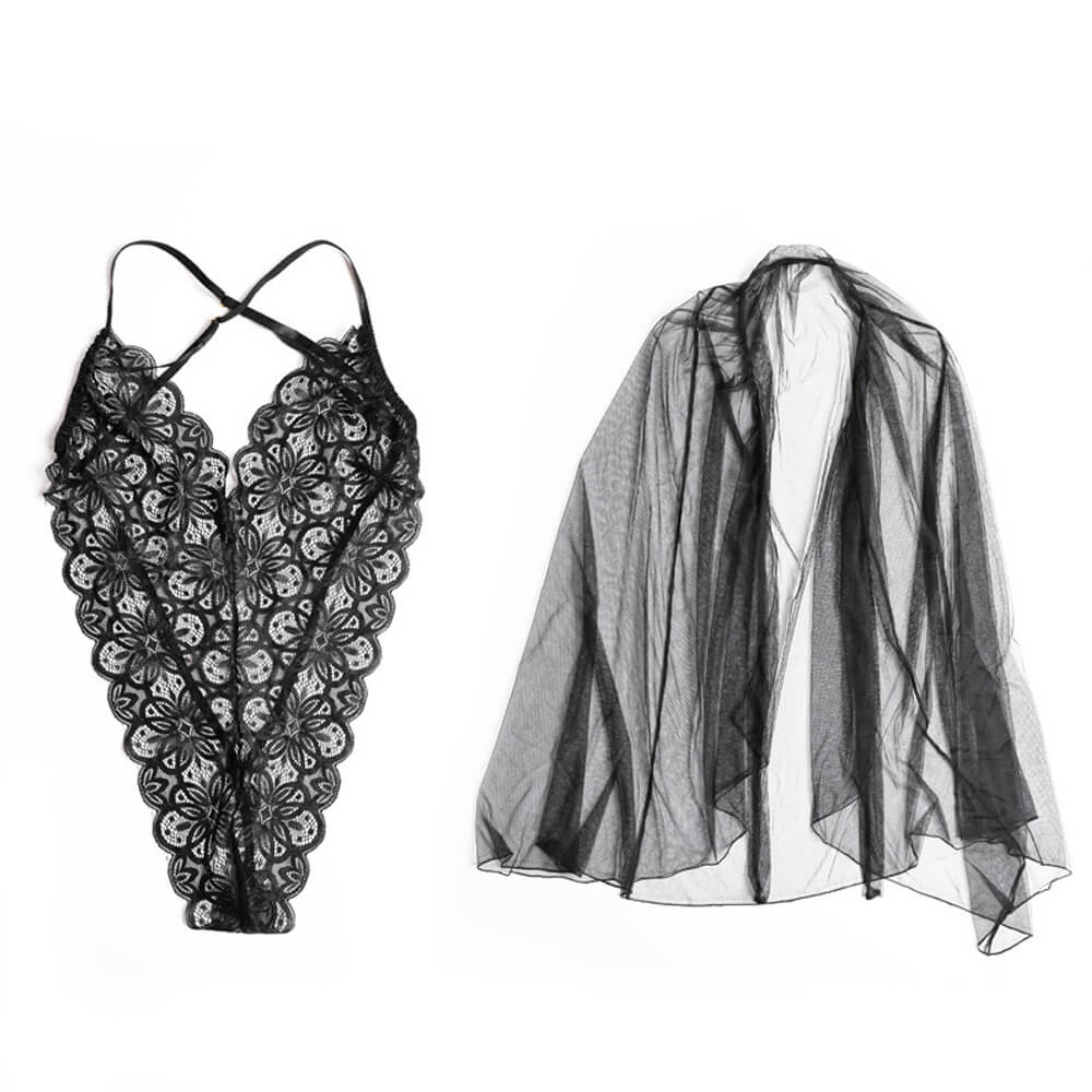See Through Long Lingerie Dress Backless Bodysuit with Sheer Skirt Deep V-neck Lace Maxi Dress