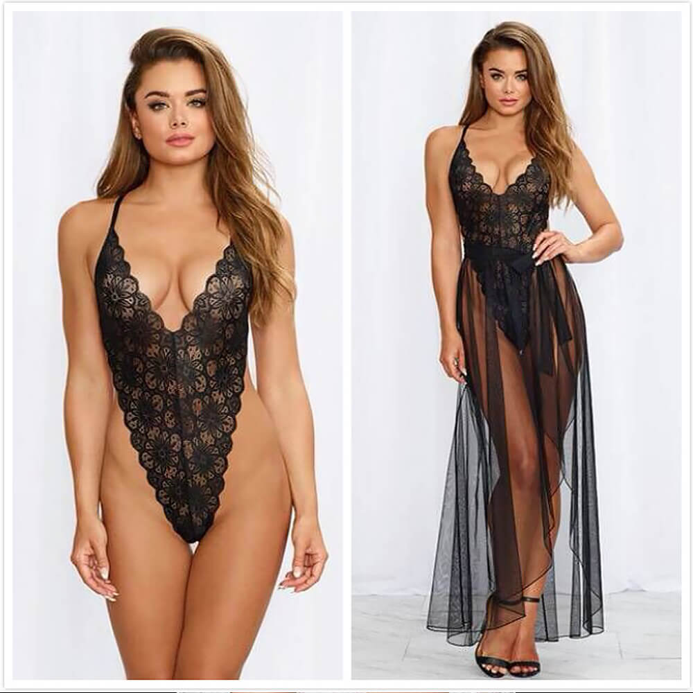 See Through Long Lingerie Dress Backless Bodysuit with Sheer Skirt Deep V-neck Lace Maxi Dress