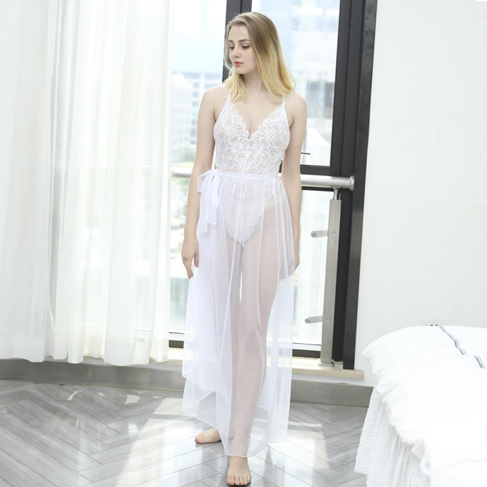 See Through Long Lingerie Dress Backless Bodysuit with Sheer Skirt Deep V-neck Lace Maxi Dress