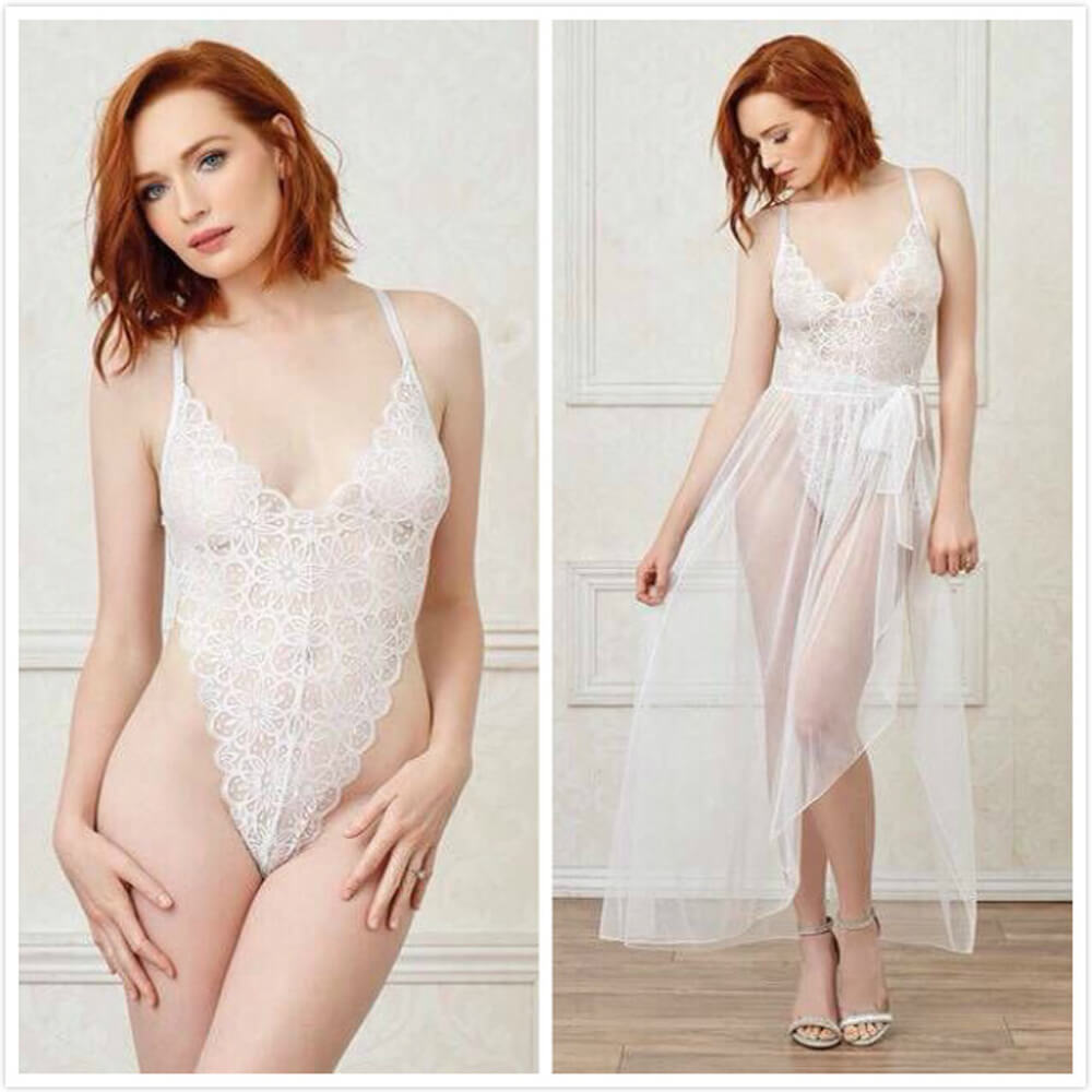 See Through Long Lingerie Dress Backless Bodysuit with Sheer Skirt Deep V-neck Lace Maxi Dress